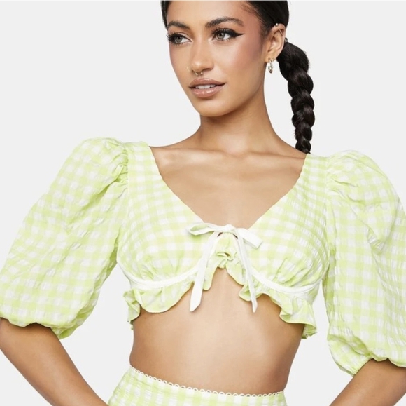 FOR LOVE & LEMONS Maureen Set Top And Skirt Green Gingham M Medium - Picture 15 of 15